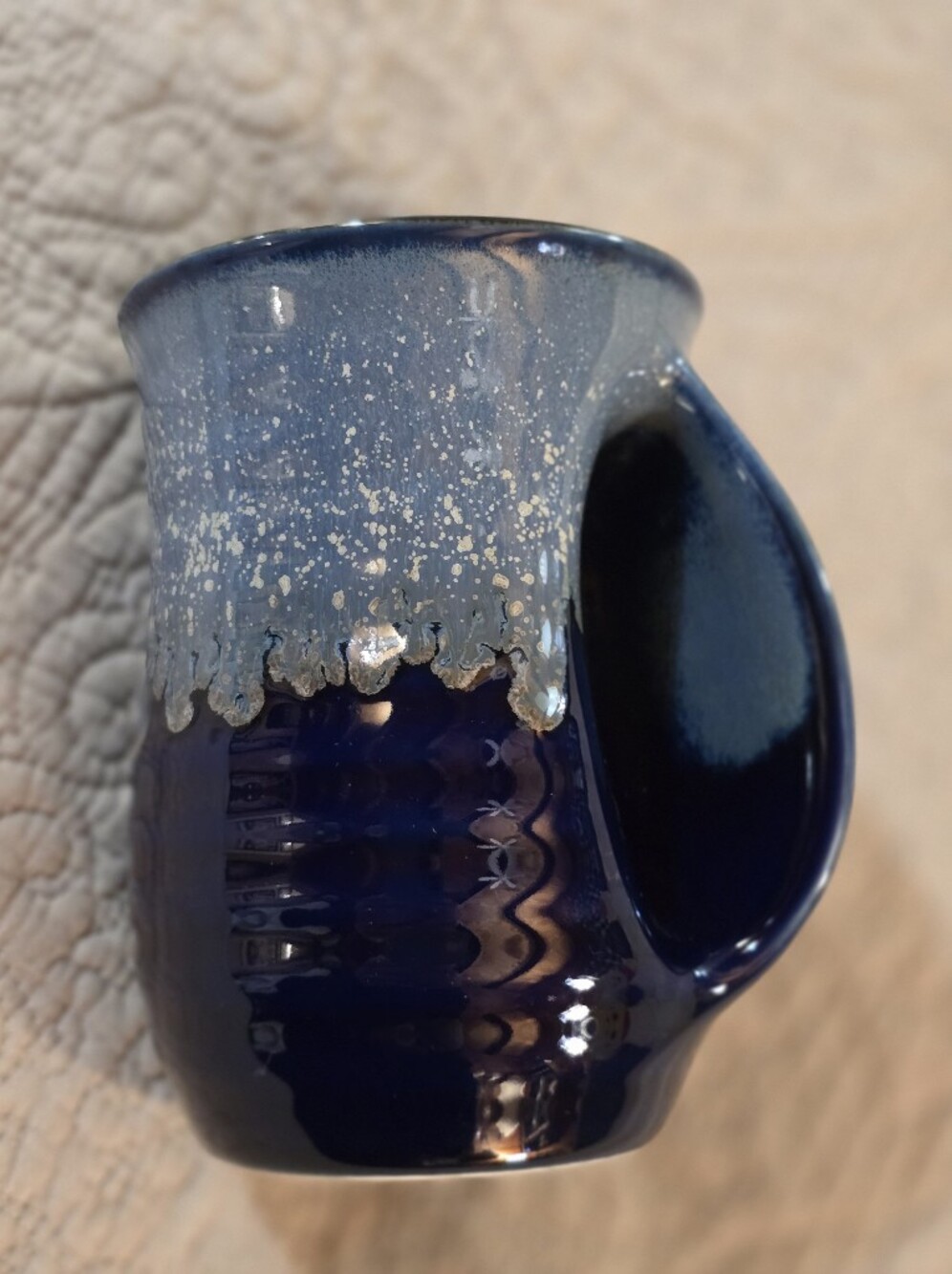 Handmade Blue Ceramic Handwarmer Mug with Drip Glaze
